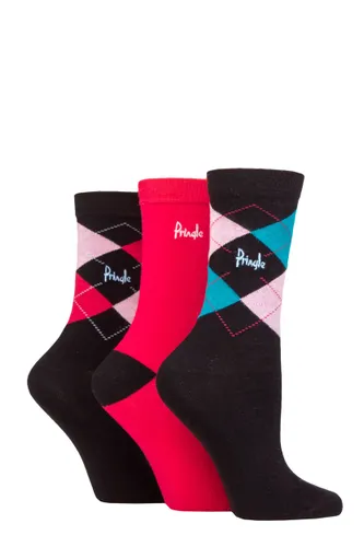 Ladies 3 Pair Pringle Louise Argyle Cotton Socks Black Pink / Teal UK 4-8
