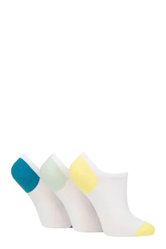 Ladies 3 Pair Pringle Plain and Patterned Cotton Trainer Socks White Blue / Mint / Yellow Heel & Toe 4-8 Ladies