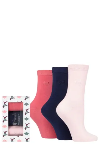Ladies 3 Pair Pringle Plain Cotton Gift Boxed Socks Light Pink / Navy / Pink 4-8 Ladies