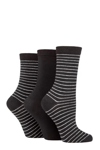 Ladies 3 Pair SOCKSHOP TORE 100% Recycled Fine Stripe Cotton Socks Black 4-8 Ladies