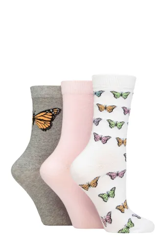 Ladies 3 Pair SOCKSHOP Wildfeet Cotton Novelty Patterned Socks Butterflies 4-8