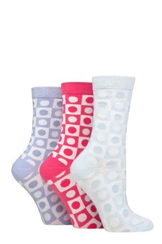 Ladies 3 Pair SOCKSHOP Wildfeet Cotton Novelty Patterned Socks Spotty Check Blue / Pink / Purple 4-8