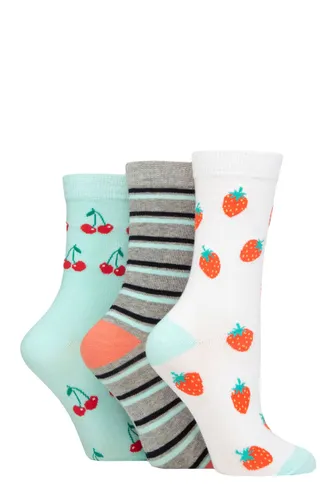 Ladies 3 Pair SOCKSHOP Wildfeet Cotton Novelty Patterned Socks Strawberries / Cherries 4-8