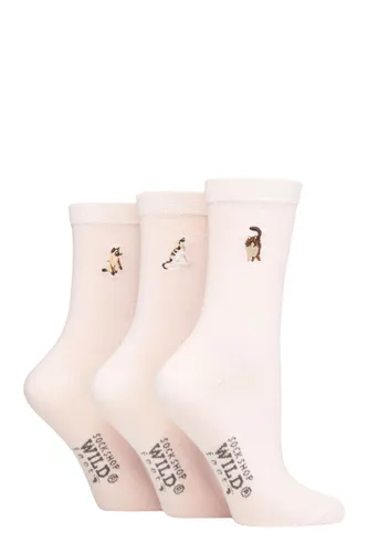 Ladies 3 Pair SOCKSHOP Wildfeet Embroidered Socks Pink Cats 4-8