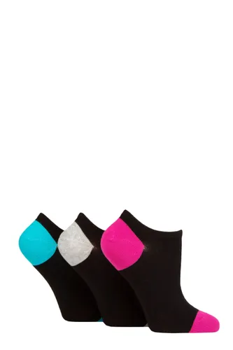 Ladies 3 Pair Wildfeet Plain, Patterned and Contrast Heel Bamboo Trainer Socks Contrast Black Pink / Teal 4-8