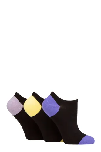 Ladies 3 Pair Wildfeet Plain, Patterned and Contrast Heel Bamboo Trainer Socks Contrast Black Purple / Yellow 4-8