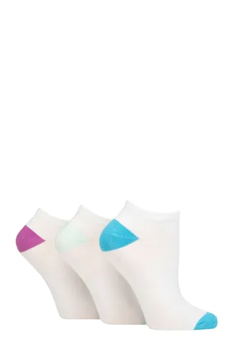 Ladies 3 Pair Wildfeet Plain, Patterned and Contrast Heel Bamboo Trainer Socks Contrast White Blue / Purple 4-8