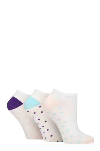Ladies 3 Pair Wildfeet Plain, Patterned and Contrast Heel Bamboo Trainer Socks Spotty Sole White Pink / Blue 4-8