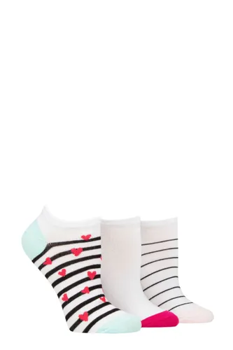 Ladies 3 Pair Wildfeet Plain, Patterned and Contrast Heel Bamboo Trainer Socks White Hearts and Stripes 4-8 Ladies