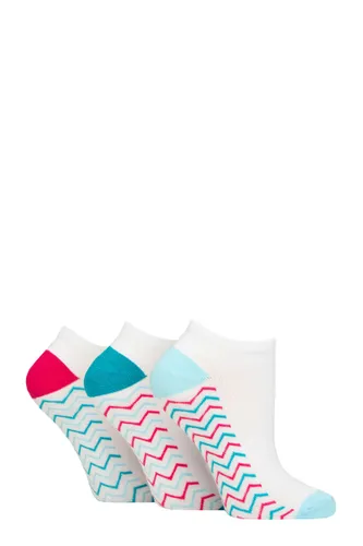 Ladies 3 Pair Wildfeet Plain, Patterned and Contrast Heel Bamboo Trainer Socks Zig Zag Sole White Pink / Teal 4-8