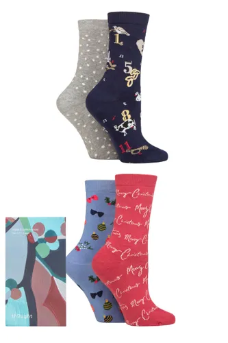 Ladies 4 Pair Thought Carole Christmas Organic Cotton Gift Boxed Socks Multi 4-7