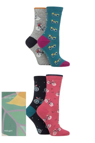 Ladies 4 Pair Thought Gift Boxed Birds Flowers and Bicycles Organic Cotton Socks Assorted 4-7 Ladies