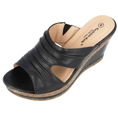 Ladies Leather Lined Peep Toe Mid Wedge Mule Sandals (Black