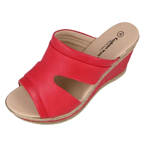 Ladies Leather Lined Peep Toe Mid Wedge Mule Sandals (Red