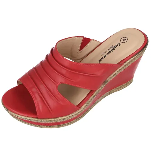 Ladies Leather Lined Peep Toe Mid Wedge Mule Sandals (Ruby