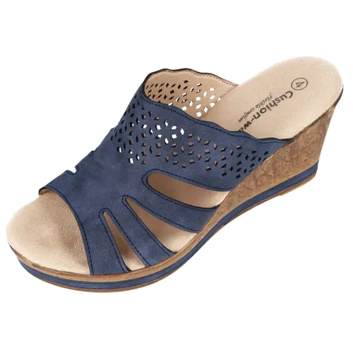 Ladies Open Toe Leather Lined Backless Mule Sandals (Navy
