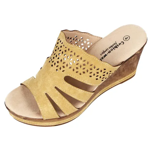 Ladies Open Toe Leather Lined Backless Mule Sandals (Yellow