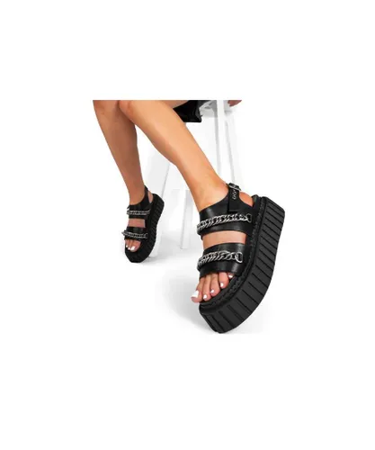 Lamoda Womens Chunky Platform Sandals My Disaster Open Toe with Buckles & Chains - Black