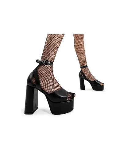 Lamoda Womens Chunky Sandals Turquoise Breeze Square Toe Platform Heel with Strap - Black