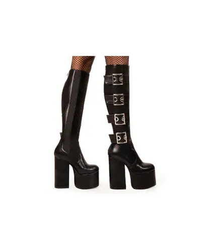 Lamoda Womens Knee High Boots FYP Round Toe Platform Heels with Zipper & Buckles - Black