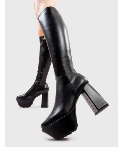 Lamoda Womens Knee High Boots Wish Me Dead Square Toe Platform Heels with Zipper - Black