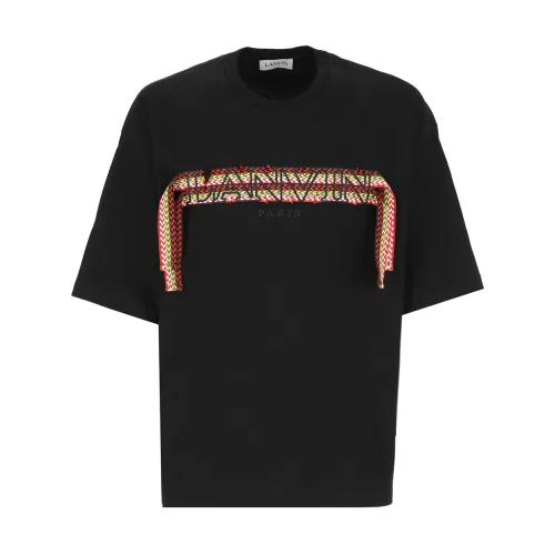 Lanvin , Black Cotton T-shirt with Contrasting Embroidery ,Black male, Sizes: