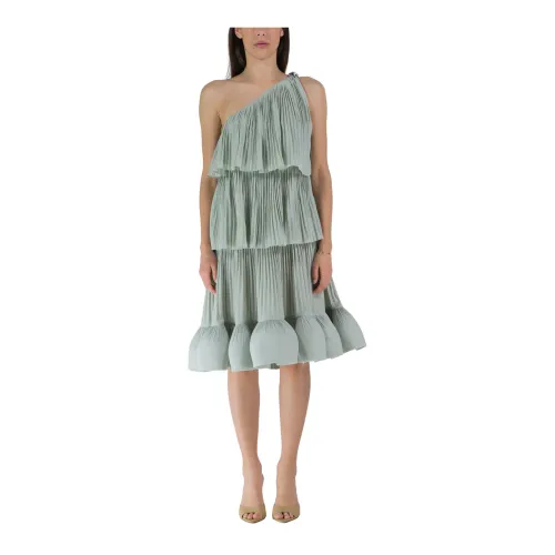 Lanvin , Elegant One-Shoulder Pleated Dress ,Green female, Sizes: