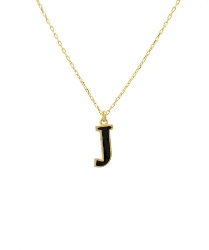 Latelita Womens Initial Enamel Necklace Gold J - Black Sterling Silver - One Size