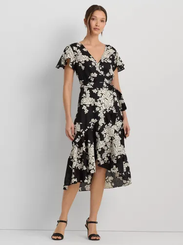 Lauren Ralph Lauren Belforette Rose Print Linen Wrap Dress, Black/Multi - Black/Multi - Female