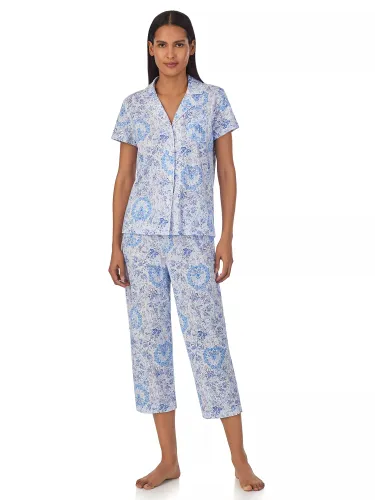 Lauren Ralph Lauren Floral Print Short Sleeve Capri Pyjamas, Blue/Multi - Blue/Multi - Female