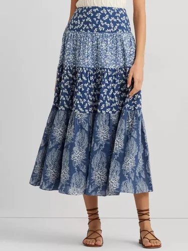 Lauren Ralph Lauren Pauldina Patchwork Floral Tiered Maxi Skirt, Blue/Multi - Blue/Multi - Female