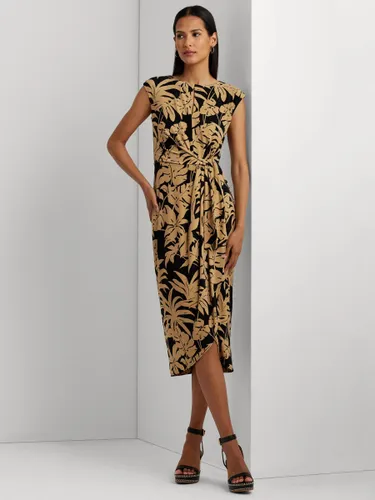 Lauren Ralph Lauren Reidly Palm Print Jersey Tie Front Midi Dress, Tan/Black - Tan/Black - Female