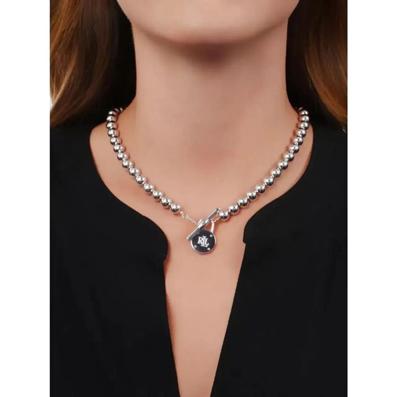 Lauren Ralph Lauren Sterling Silver Beaded T-Bar Necklace, Silver - Silver - Female