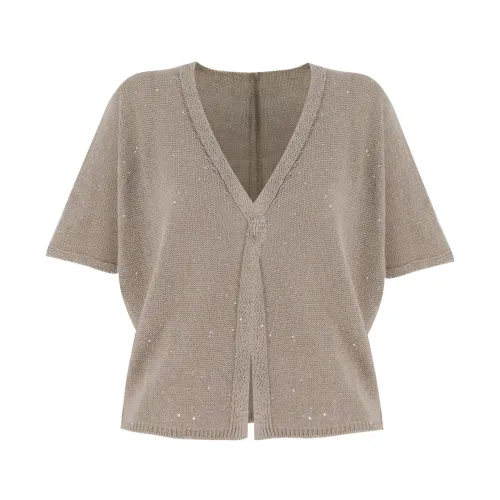 Le Tricot Perugia , Contemporary Linen Cardigan with Sequin Embellishments ,Gray female, Sizes: