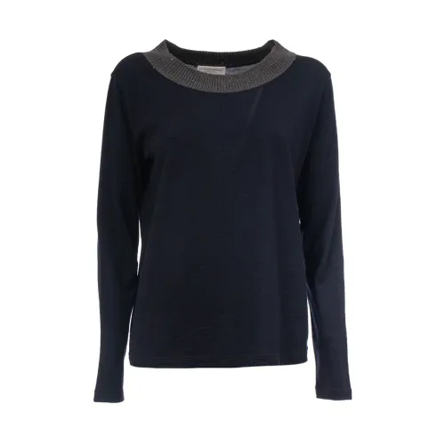 Le Tricot Perugia , Virgin Wool Sweater with Ribbed Collar ,Blue female, Sizes: