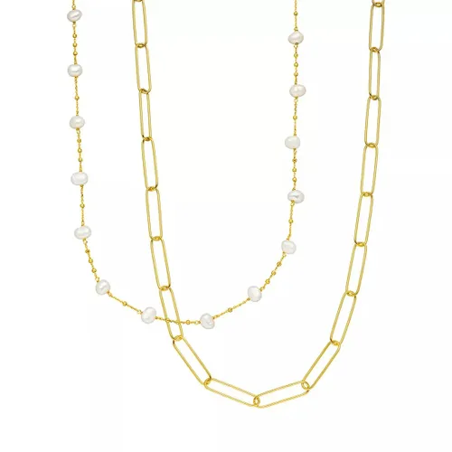 Leaf Necklaces - Necklace Set Big Square/Pearl, silver gold plate - silver - Necklaces for ladies