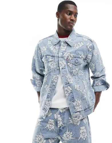 Levi's X Gundam collab starfighter all over print relaxed fit denim trucker jacket in light wash-Blue