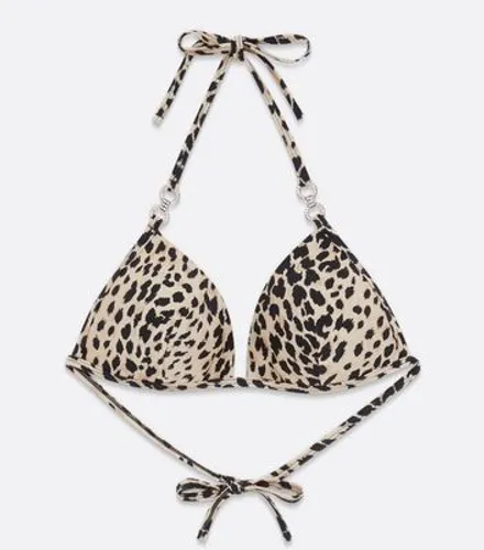 Light Brown Leopard Print Diamanté Trim Triangle Bikini Top New Look