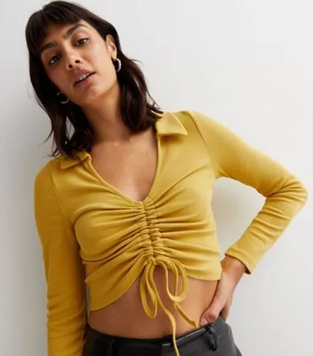 Light Green Ribbed Ruched Collared Long Sleeve Crop Top New Look