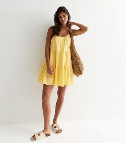 Light Yellow Cotton Broderie Strappy Mini Dress New Look