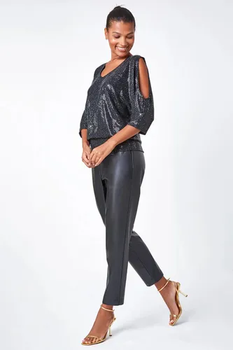 Lilly and Hope Cold Shoulder Sequin Stretch Top in Black 12 female
