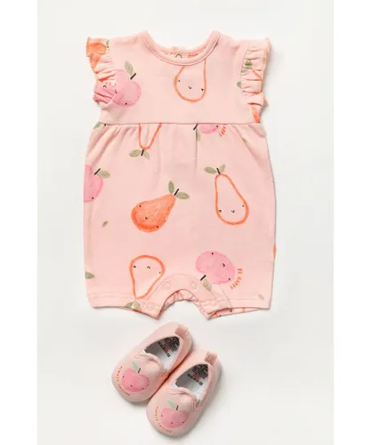 Lily and Jack Baby Girl Fruit Print Romper And Shoe Outfit Set - Pink Cotton