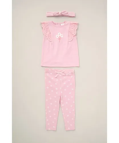 Lily and Jack Girls Broderie Detail 3-Piece Top, Joggers and Headband Outfit Set - Blush
