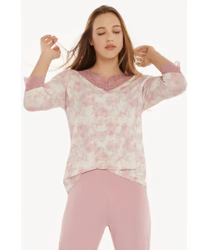 Lisca Womens Floral 'Isabelle' 3/4 Length Sleeve Modal Pyjama Top - Rose