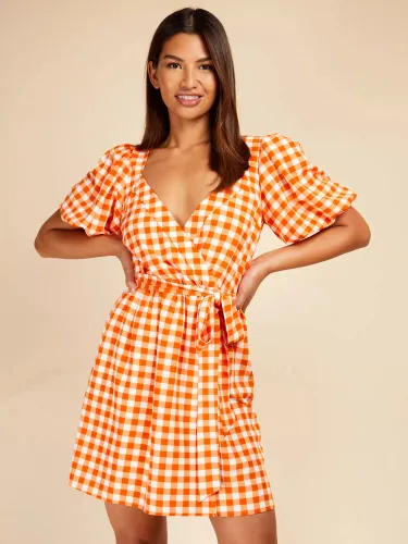 Little Mistress Gingham Wrap Mini Dress, Orange - Orange - Female
