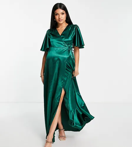 Little Mistress Maternity flutter sleeve satin maxi dress in emerald green