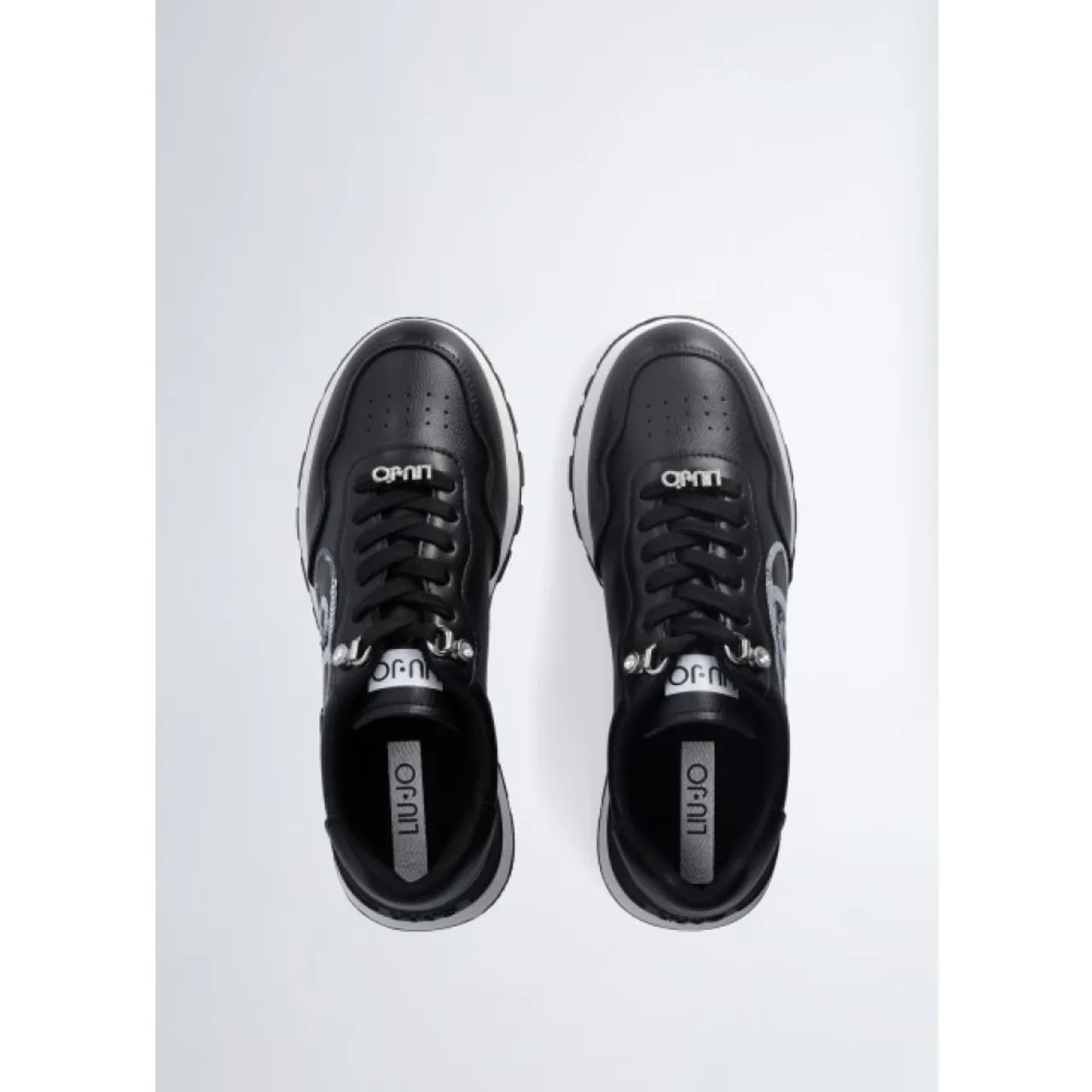 Liu Jo , Black Leather Sneakers with Sequin Logo ,Black female, Sizes: