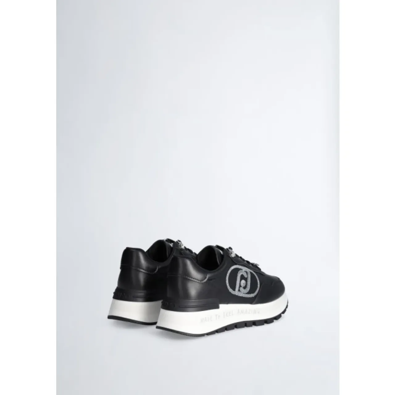 Liu Jo , Black Leather Sneakers with Sequin Logo ,Black female, Sizes:
