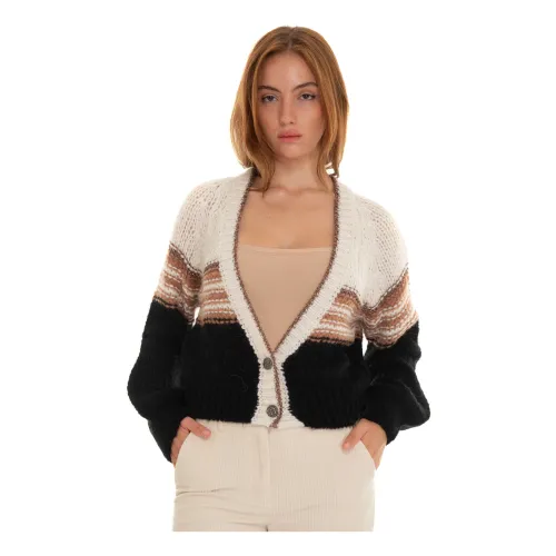 Liu Jo , Buttoned V-Neck Cardigan with Contrast Details ,Beige female, Sizes: