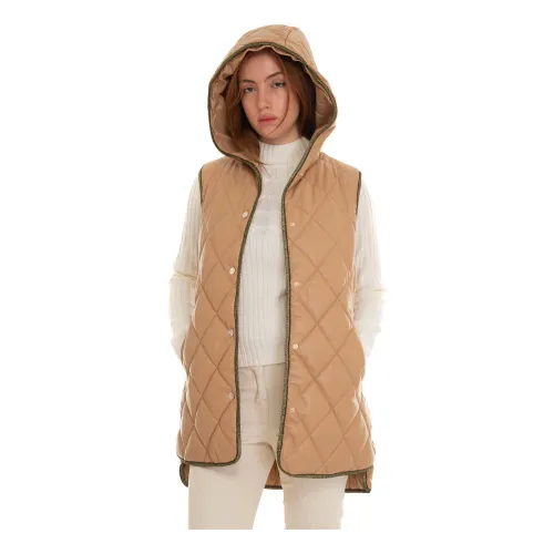 Liu Jo , Quilted Hooded Vest with Lurex Details ,Brown female, Sizes: